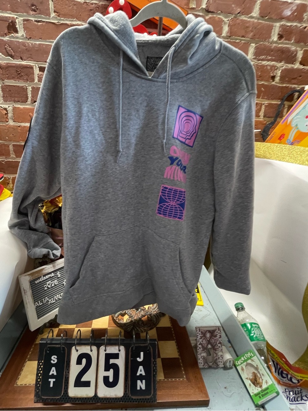 Gray Hoodie with Pink & Purple Graphic